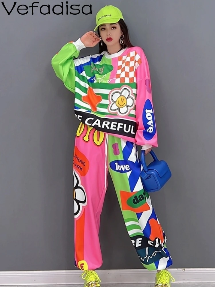 2024 Spring Autumn Women New Flowers Color Letter Printing Leisure Long Sleeves Crew Neck Sweatshirt And Pant Sets LHX1788