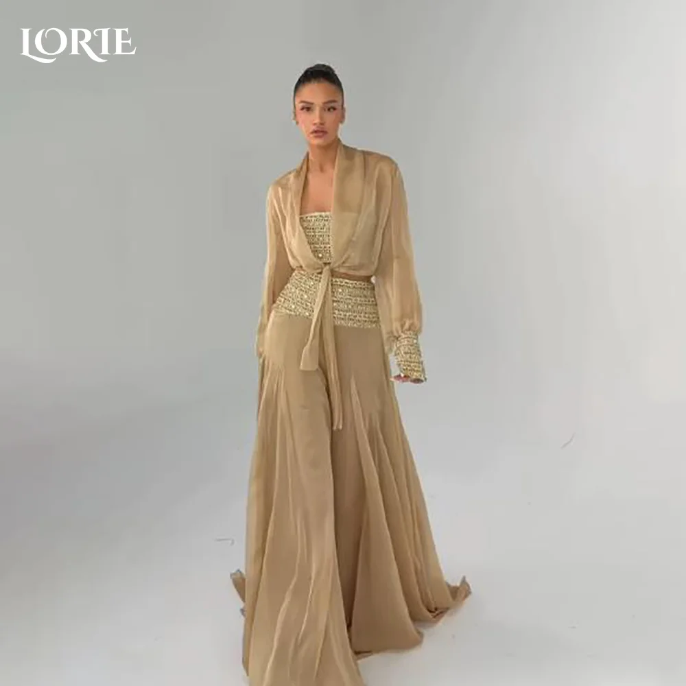 

Вечерние платья LORIE с длинными рукавами, кружевом и золотистыми элементами, блестящие нарядные платья А-силуэта, индивидуальные вечерние платья из тюля, мусульманские платья для выпускного вечера