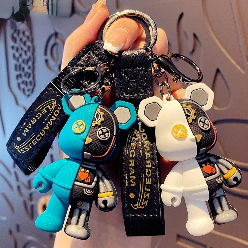 Cartoon Funny Half Skull Body robot Mechanical Bear Keychain Fashion Punk Animal Keyring Car Bag Pendant keychain in the car