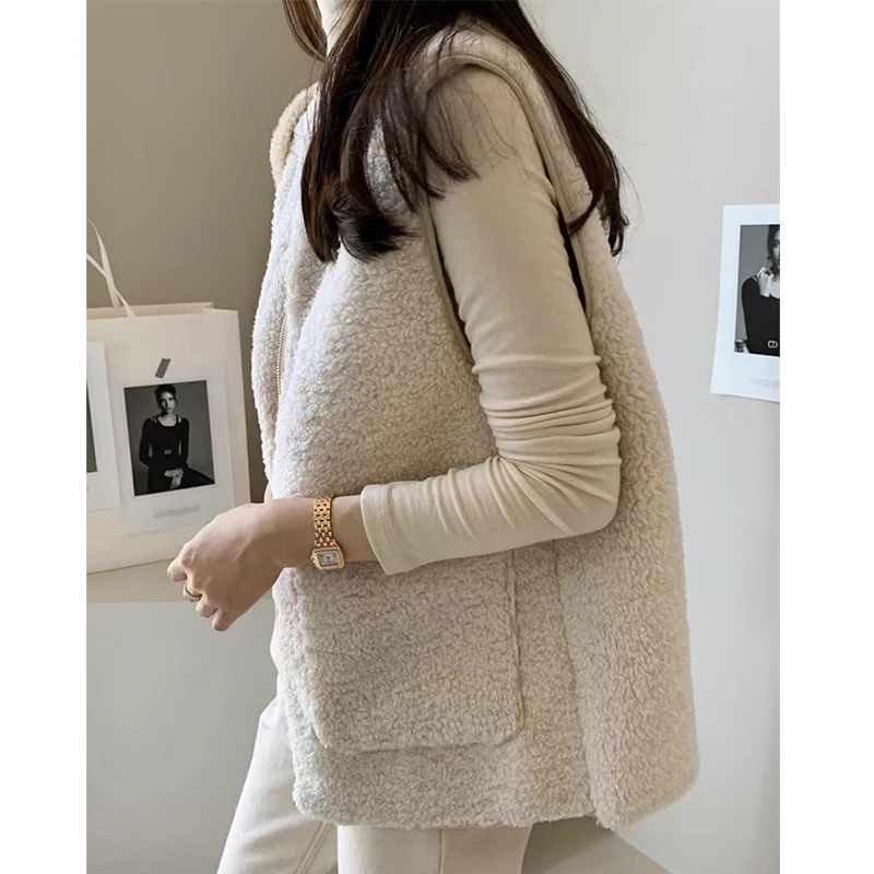 

Ele Autumn Winter Double ket Loose Women's Vest Jaet Fur Leather Inteated Quali Zipper Chic Sle Commute Friendly