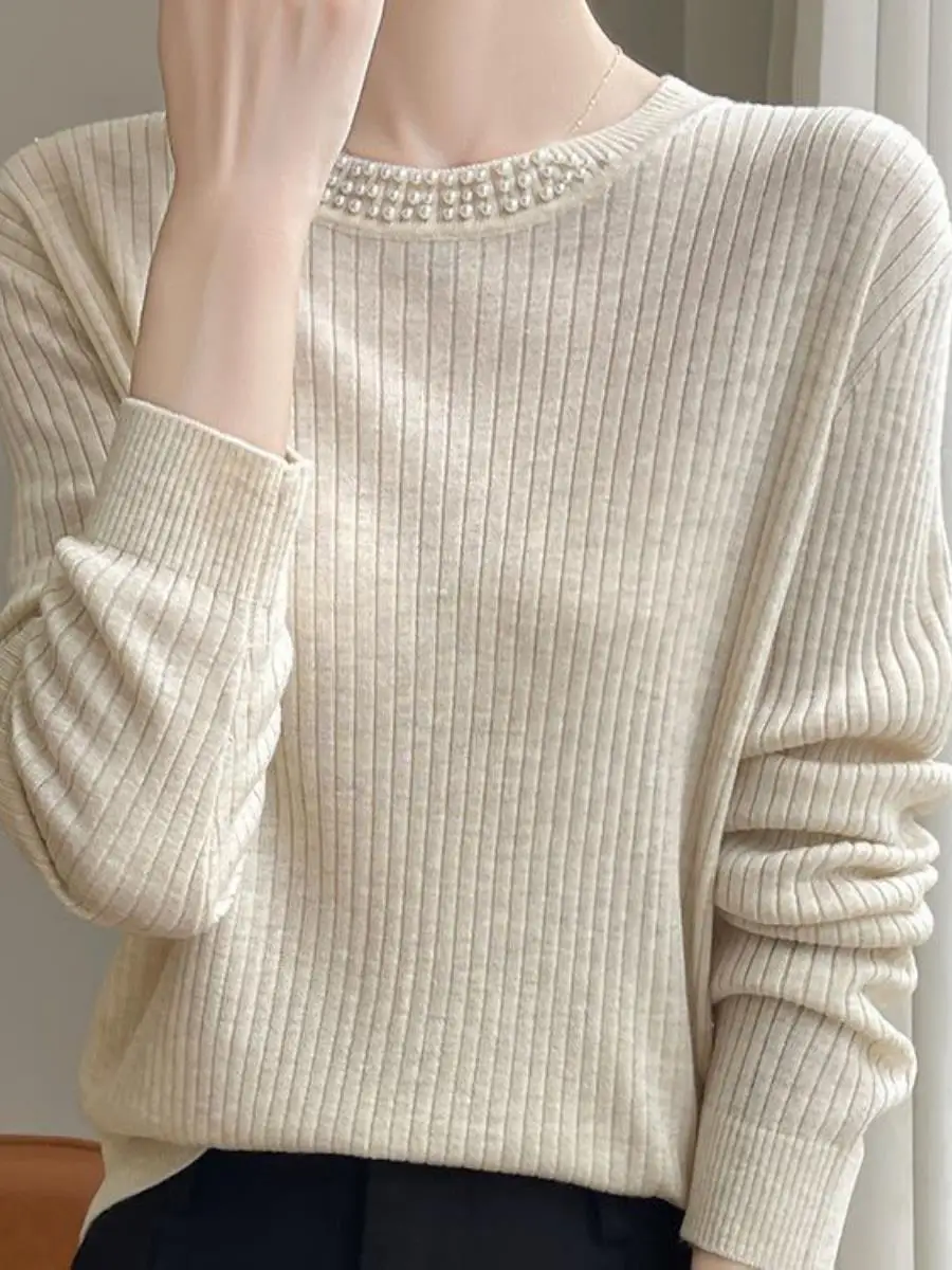 

Heavy Embellied round Ne Long Sve Loose Fitting Knitwear for Women Casual Versatile mat Base Layer irt