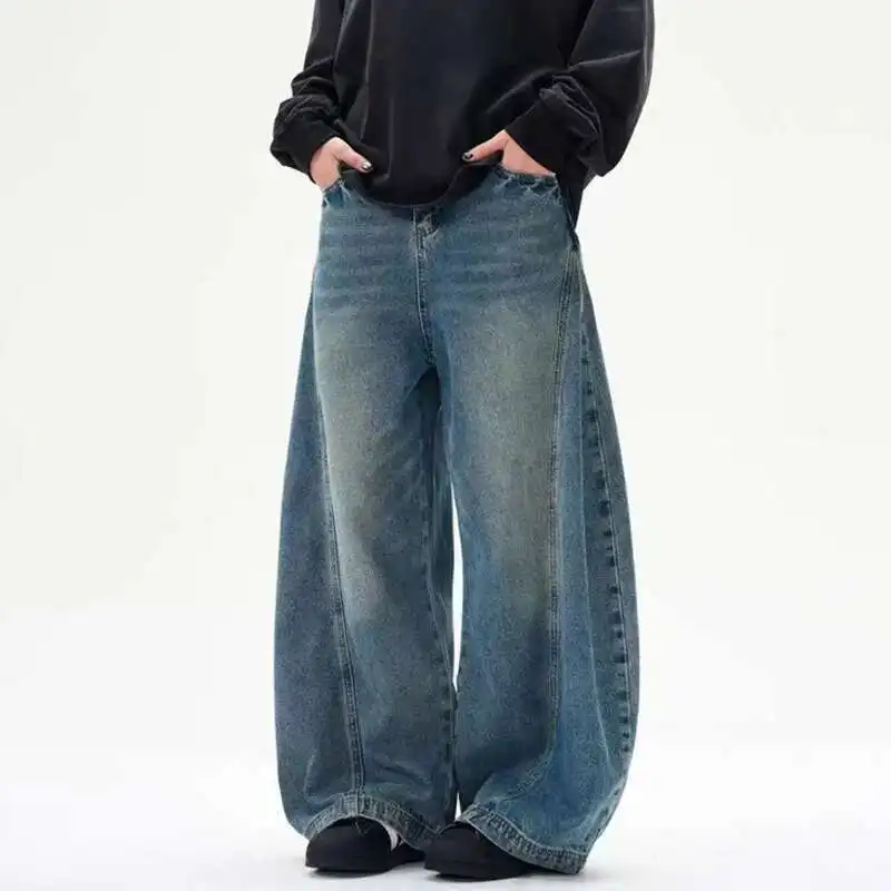 

Style Men's American Denim Trousers Washing Solid Color Vintage Curved Knife Pants Wide Leg Loose Male Jeans Simple K0PF
