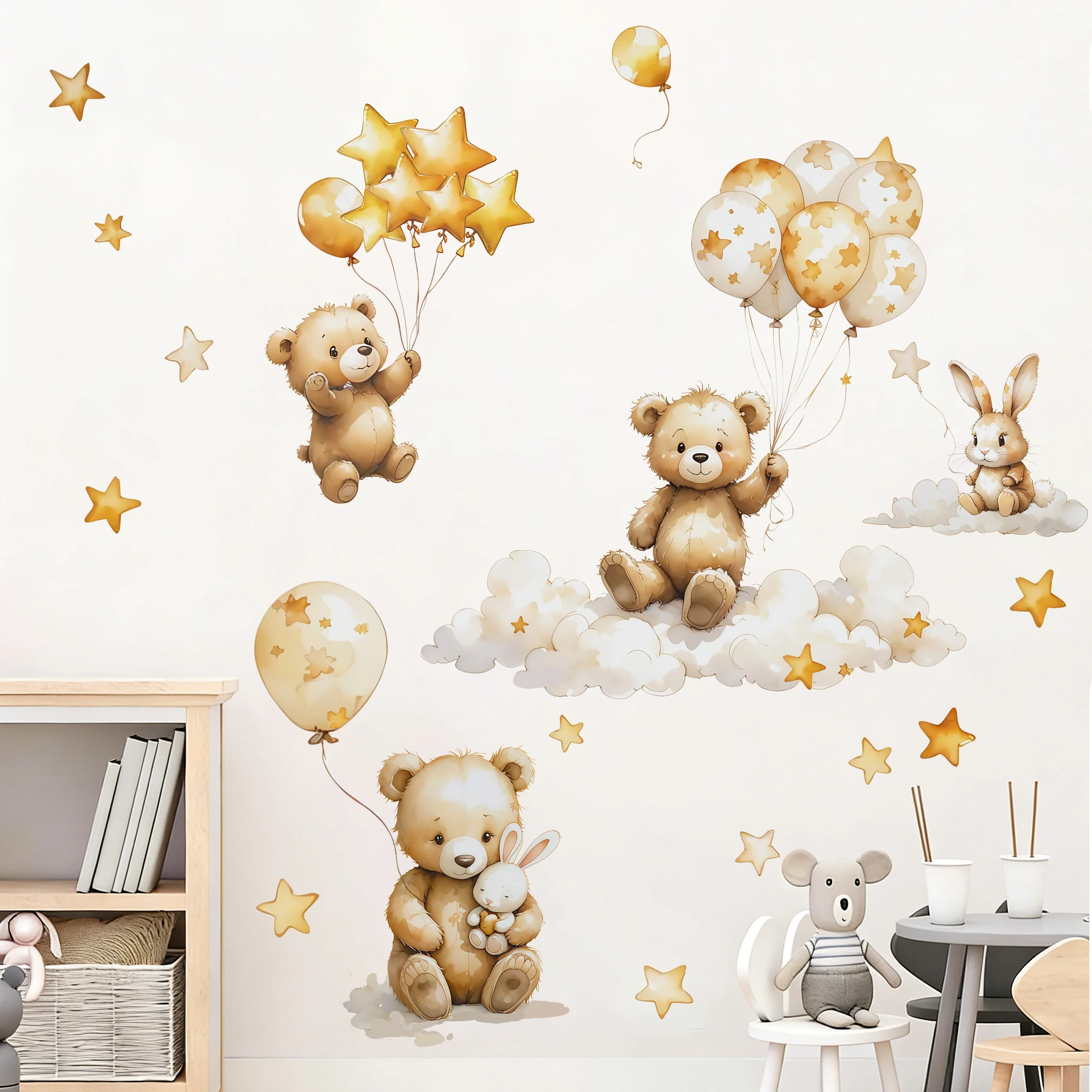 Cartoon Wolken Bär Ballon Stern Wandaufkleber für Schlafzimmer Wohnzimmer Arbeitszimmer Dekorative Hintergrund-Sticker