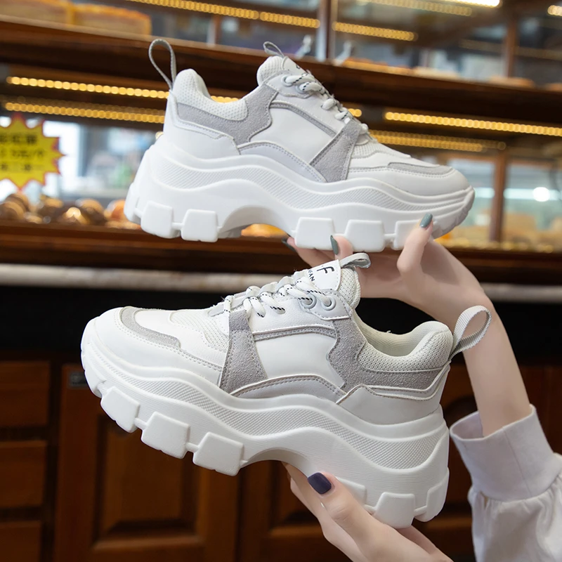 New Casual Female Women\'s Chunky Sneakers Thick Bottom Platform Shoes Fashion Breathable Running Shoe white shoes women shoes