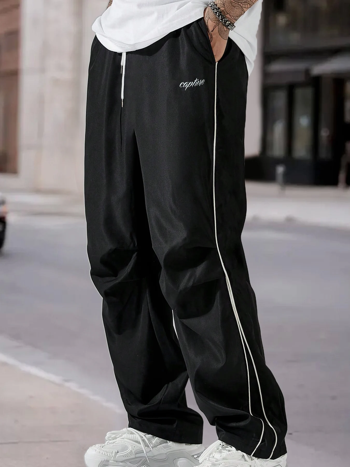 

American Side Stripe Letter Embroidered Wide Leg Casual Pants Men's Summer Loose Draped Sports Trousers