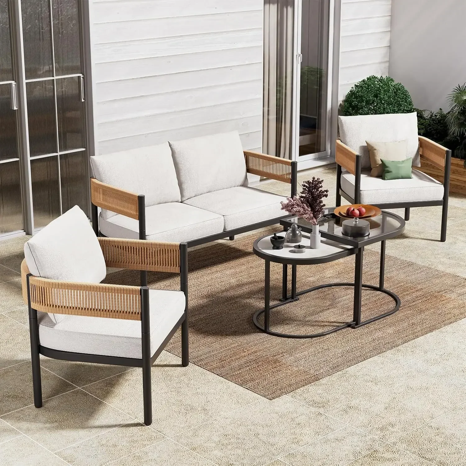 5-Piece Outdoor Furniture Set Thick Cushions Coffee Table Wicker Sofa Conversation Backyard Patio Garden Custom