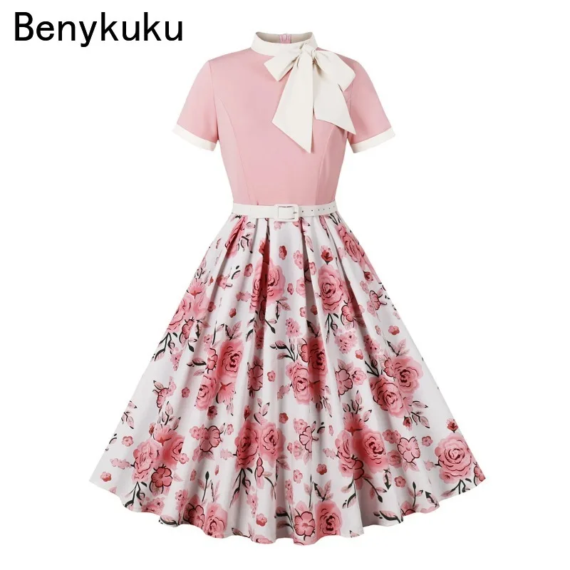 Polka Dot Patchwork Bow Floral 1950s Rockabilly Dress 2024 Summer Outfit Women Clothing Elegant Belted Pleated Vintage Dresses