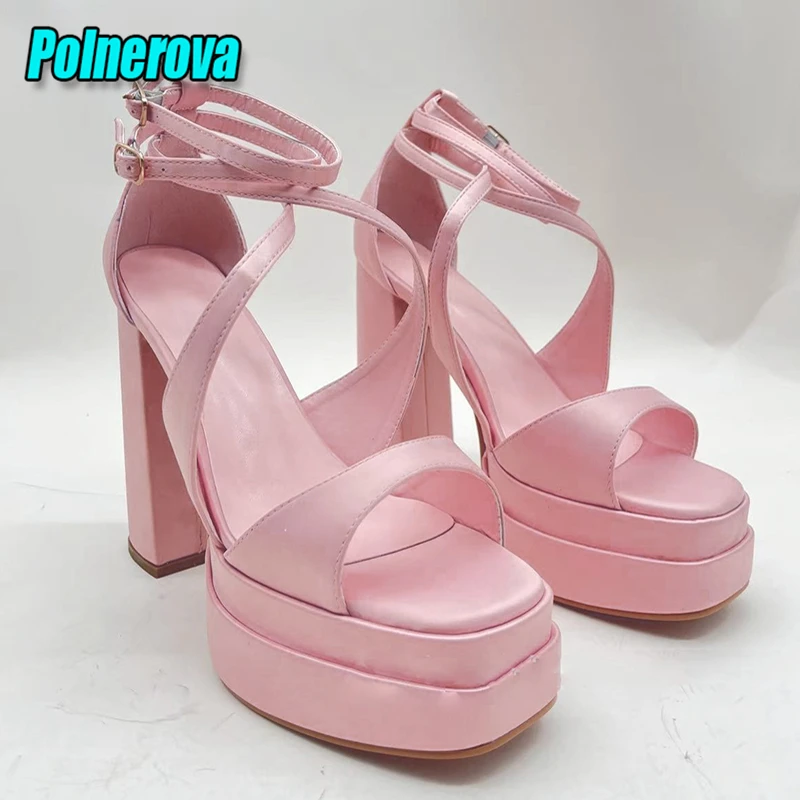 

Pink Satin Square Toe Chunky Platform Women Sandals Summer Sexy Open Toe Cross Strap Ankle Buckle Thick High Heels Party Shoes