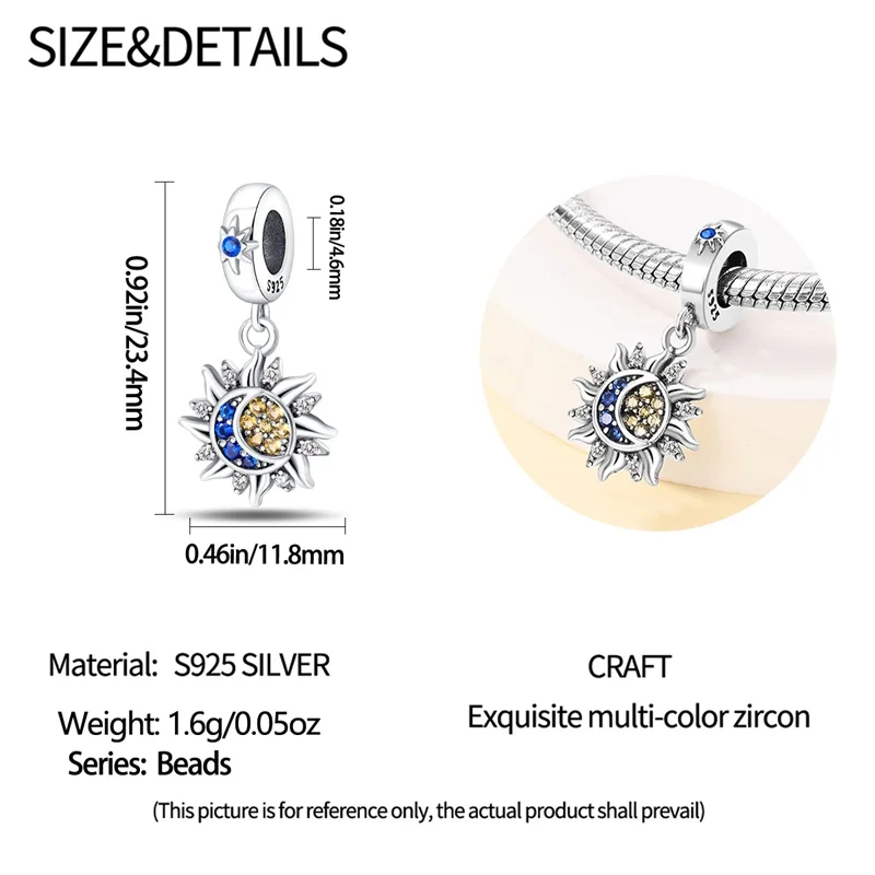 925 Sterling Silber Original Sonne, Mond, Sterne, Charm-Perlen DIY Armband Halskette Verlobung Geburtstag Schmuck Geschenk – Detail 5