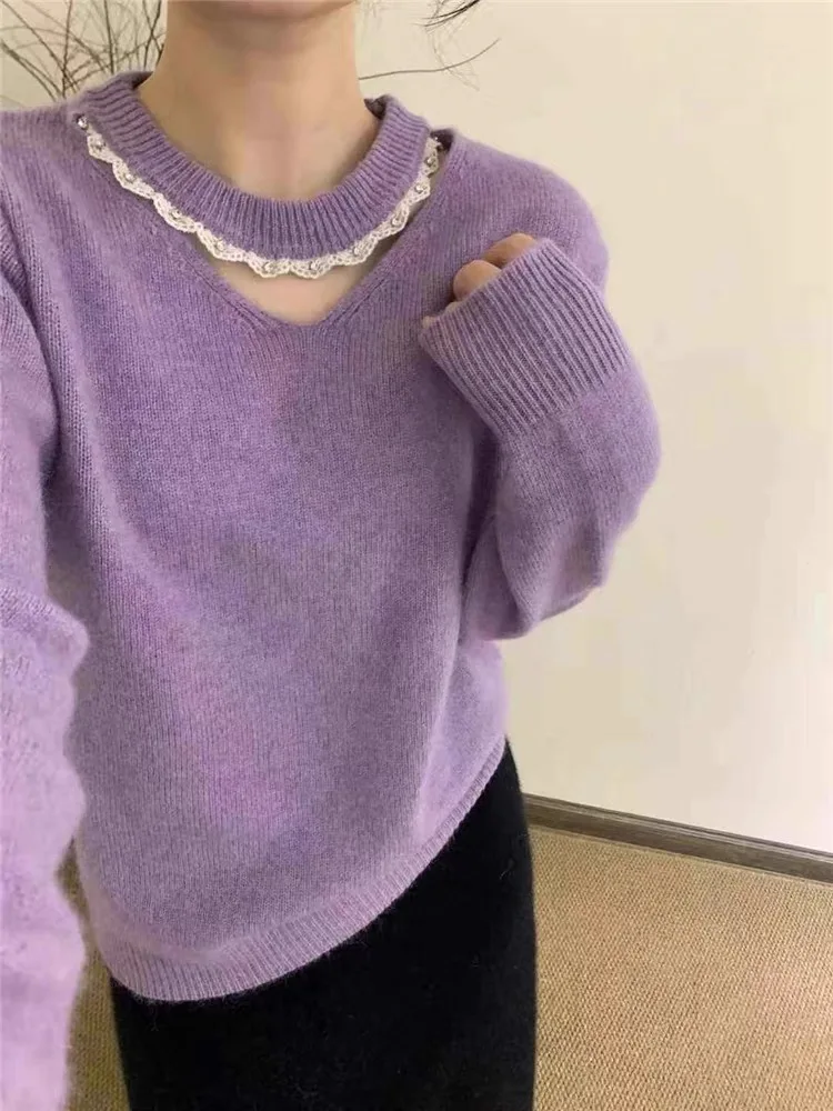 

Корейский вязаный свитер с кружевом и вырезами, женский модный базовый свитер, осенне-зимний теплый подвесной дизайн