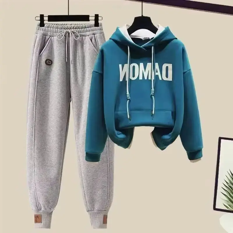 

Women's Casual Suit 2025 Spring and Autumn New Fashion Hooded Sweater Crop Top Tie Sweatpants 2 Two Piece Set Black Pants Blusas
