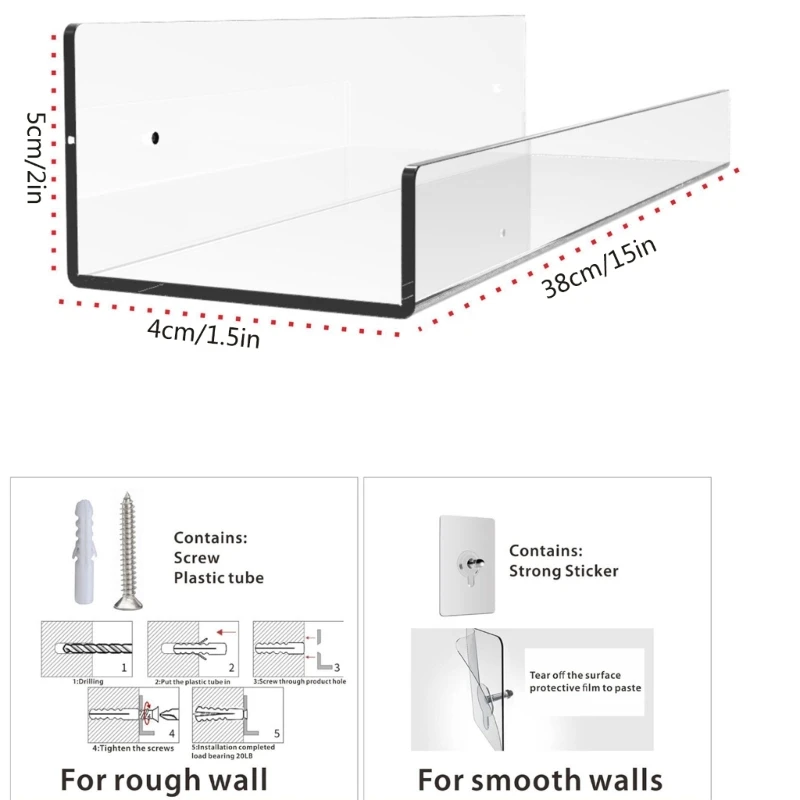 Storage Rack Acrylic Shelf Clear Wall Mounted Thick Transparent Floating Display Stick Bathroom Kitchen Ledge Organizer Rack