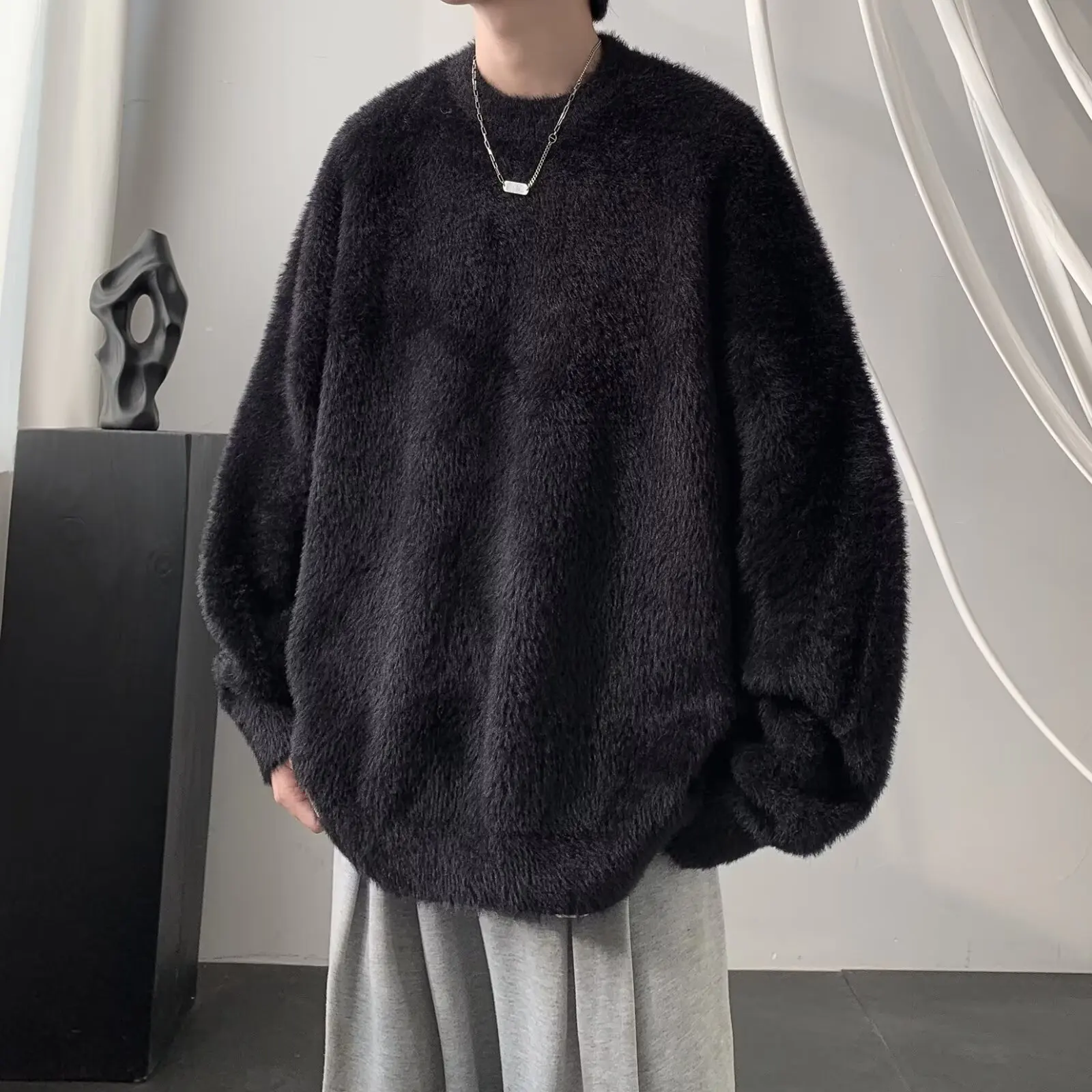 

Men's Oversized Knitted Sweater round Ne Fake Mink Autumn Winter Large Size 300 Pou Casual American Sle Loose Coat