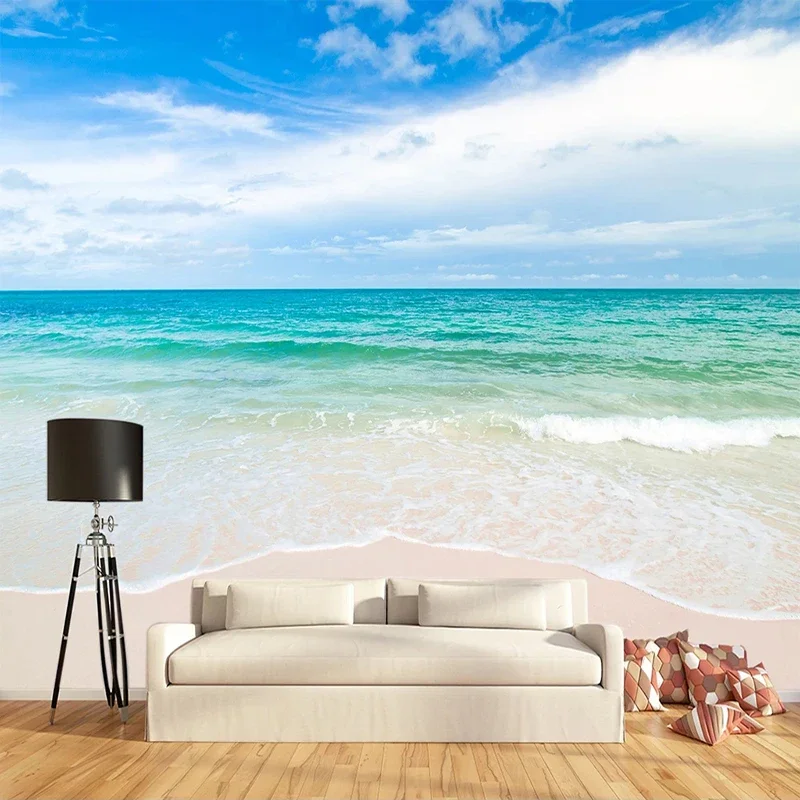 Custom 3D Mural Blue Big Sea Beach Landscape Photo Wall Paper Living Room Bedroom Bathroom Waterproof Canvas Painting Wallpaper