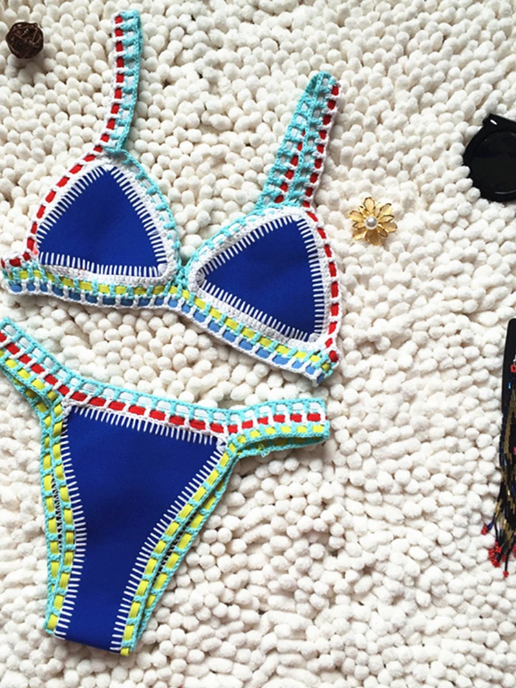 Crochet Swimwear for Female Knitted Swimsuits Neoprene Bikini Beachwear Boho Style Swimsuit Two Pieces Bathng Suits