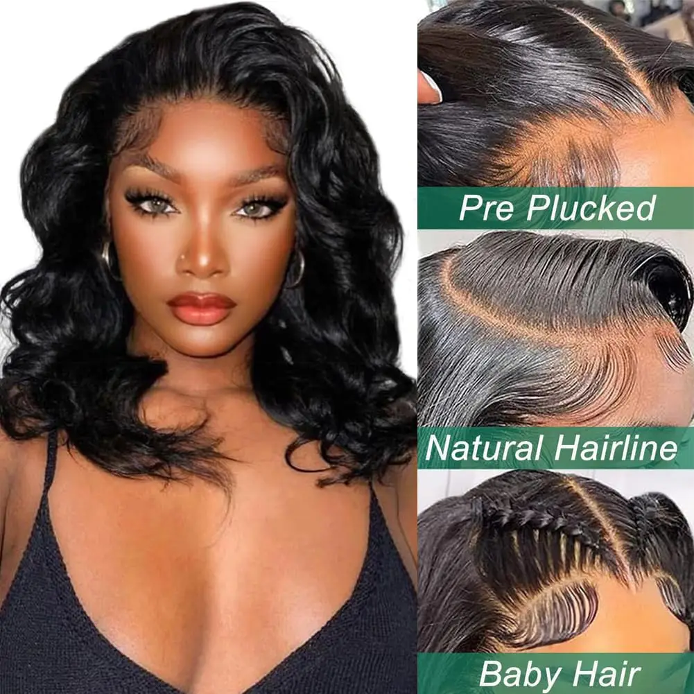 ナチュラルブラック 13x6 HD 透明レースフロントウィッグ ブラジル人毛ウィッグ 生え際処理済み ボディウェーブ 250%密度 レースフロントウィッグ