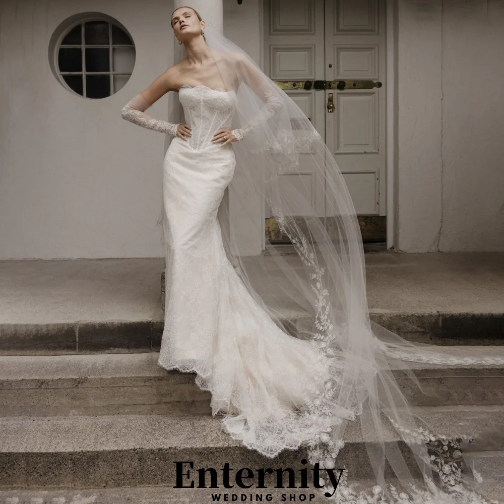 فساتين زفاف مخصصة مزينة بالدانتيل أنيقة برقبة قارب نصف كم للنساء فساتين زفاف ساحرة من التل فيستدوس دي نوفيا #4