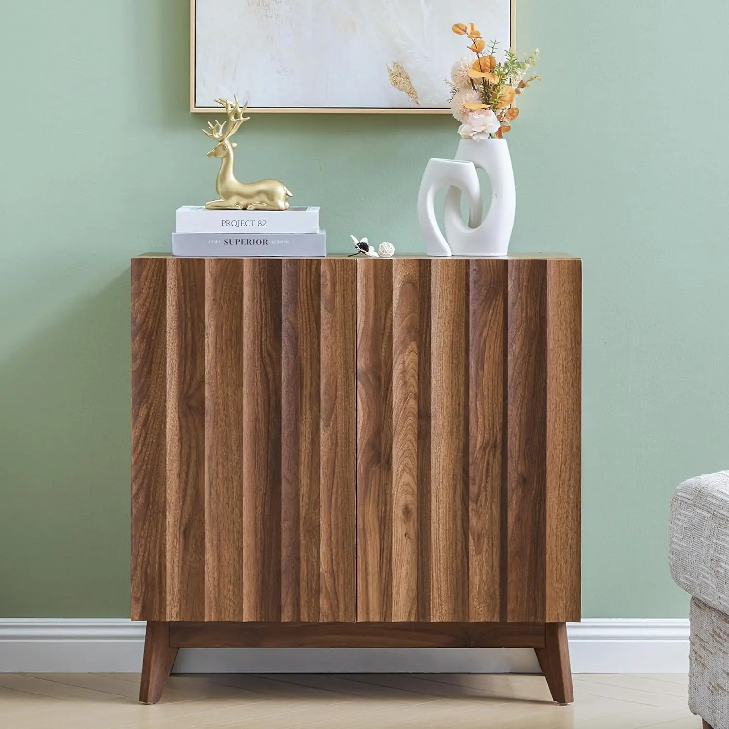 

Буфет-сервант в стиле середины века с рифленой отделкой, регулируемые полки, для гостиной, кухни, прихожей, 30,7 дюйма, цвет орех, на заказ