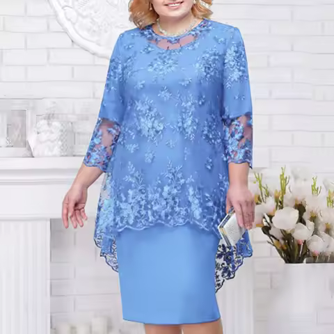 Women's Elegant Lace Embroidery Evening Dress Half Sleeve Knee-Length Round Neck Solid Temperment Dress For Middle-Age Women