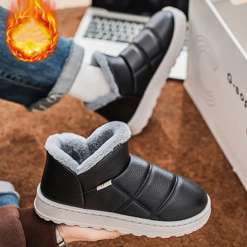 

Men's Winter Velvet-Lined Warm Snow Boots Leather Waterproof High-Top Cotton Shoes