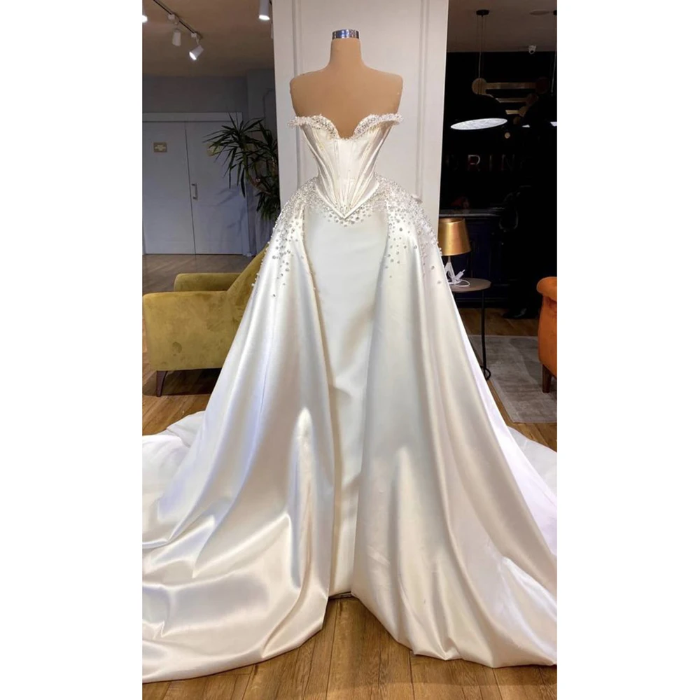 STEVDITG Fashion Pearls Satin Bride Dress Chic Sweetheart Strapless Mermaid Gowns Luxury Elegant Court Train Wedding Dress