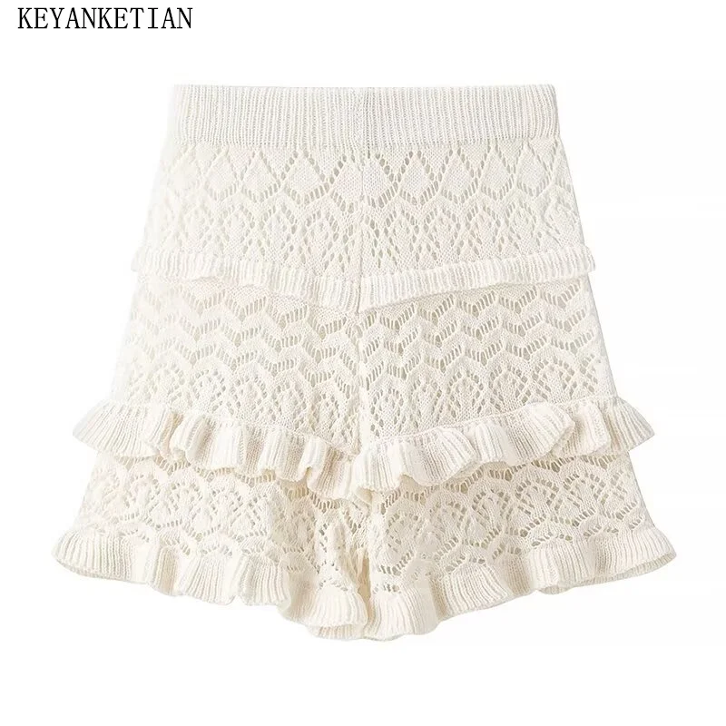 

KEYANKETIAN 2024 New Launch Women's Crocheted Hollow out Knit shorts Bohemian Holiday wind Tiered Ruffles Hot Shorts Pantskirt