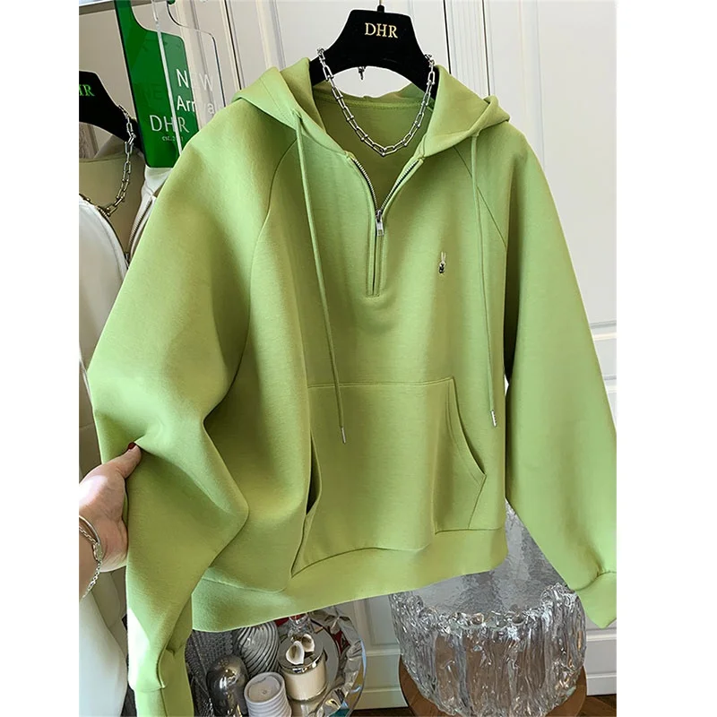 Sudadera Extra grande de algodón con capucha y cremallera de conejo bordado de 300 bolsas para mujer, sudadera holgada de gran tamaño para ocultar carne a la moda