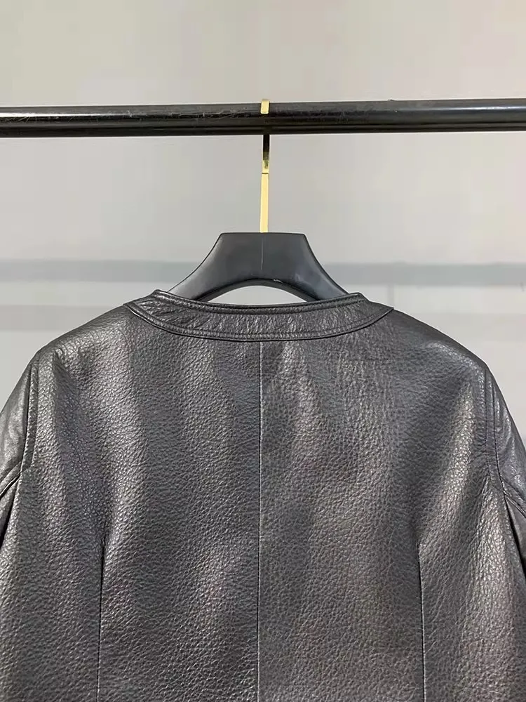 가을 신상 천연 가죽 여성 숏 재킷 라운드 넥 긴팔 재킷 탑 스트레이트 패션 코트 싱글 브레스티드 아우터웨어