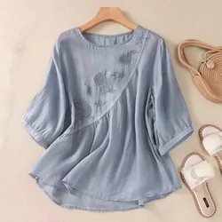 Women 2024 Summer Solid Color New Retro Fashion Embroidery Cotton Linen Loose Round Neck Pullover 3/4 Sleeve Shirts T-shirt Tops