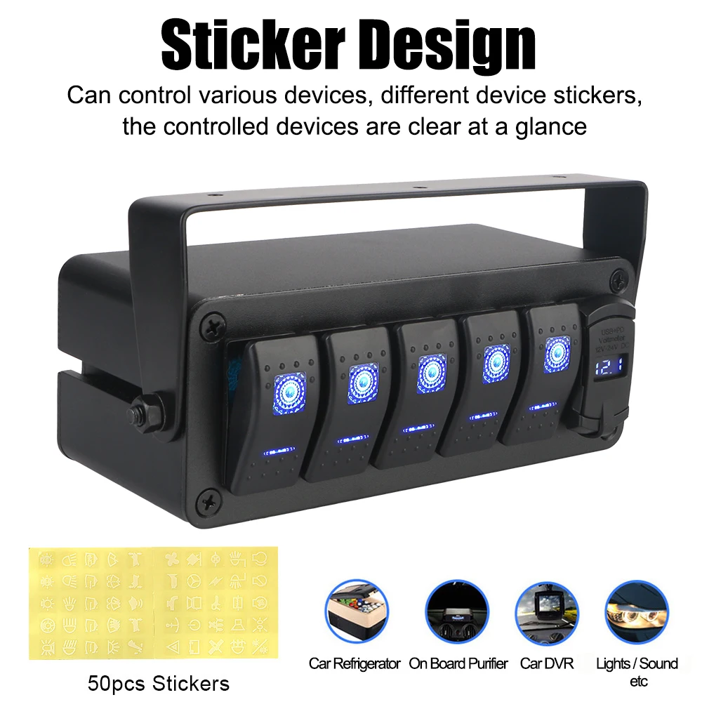 Switch Panel DC 12V/24V 2/3/4/5 Gang Car Marine Circuit Breaker PD+QC Fast Charging Auto Accessories Digital Voltmeter