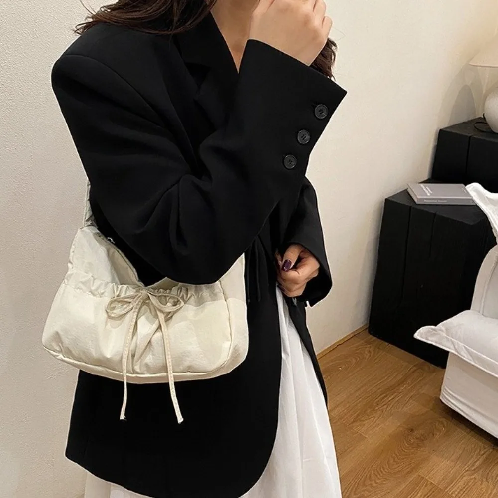 

Fashion Nylon Bow Pleated Bag Drawstring Adjustable Pleated Shoulder Bag Solid Color Kroean Style Women's Handbag Lady