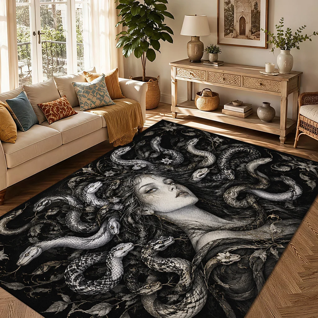 1pc Dark Snake & Floral Area Rug, Non-Slip, Easy Care, Light & Soft, Machine Washable, for Living Room, Bedroom, Entryway