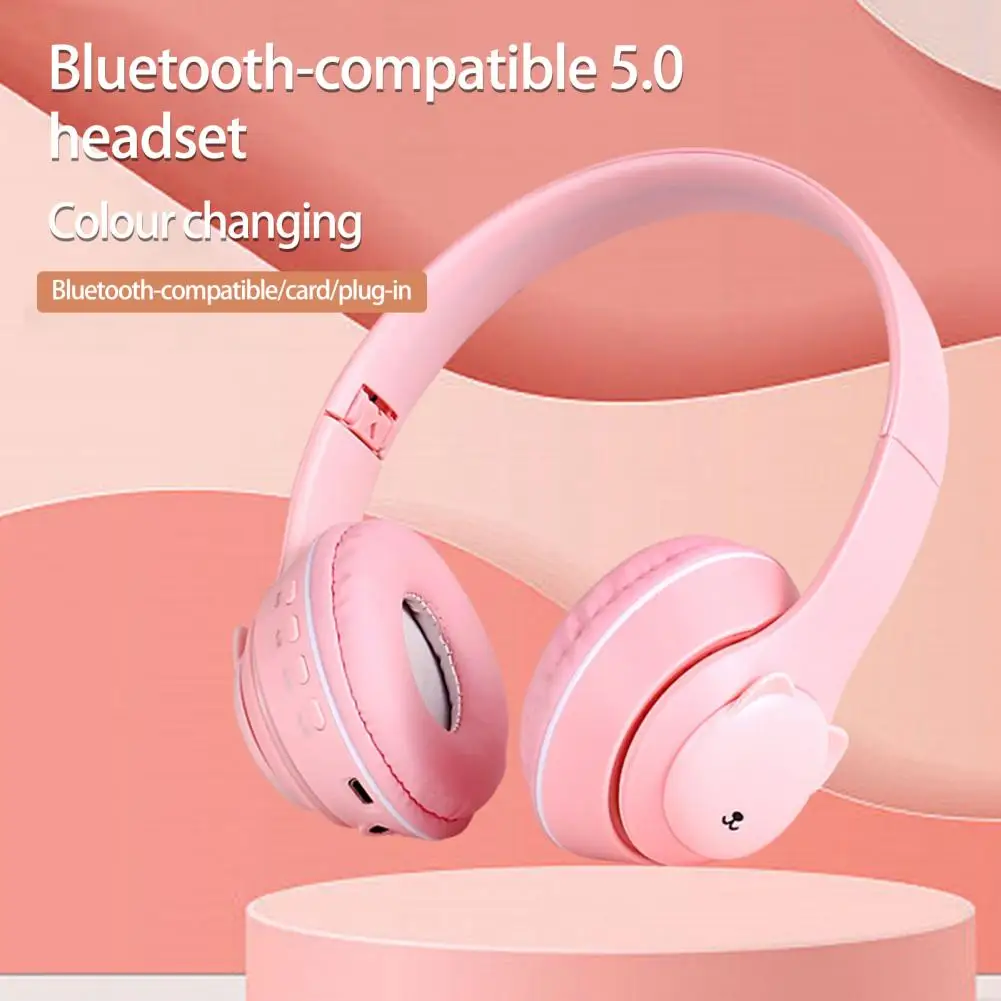 1 Set Headphone Foldable RGB Light Bear-shape Bluetooth-compatible 5.0 Wireless Headset Computer Accessories