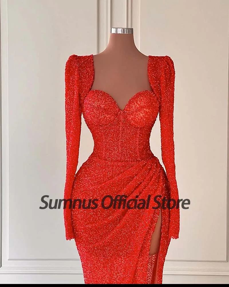 Sumnus sparkly vermelho alta fenda vestido de baile manga longa querida espartilho lantejoulas vestidos de festa ocasião especial vestidos formais