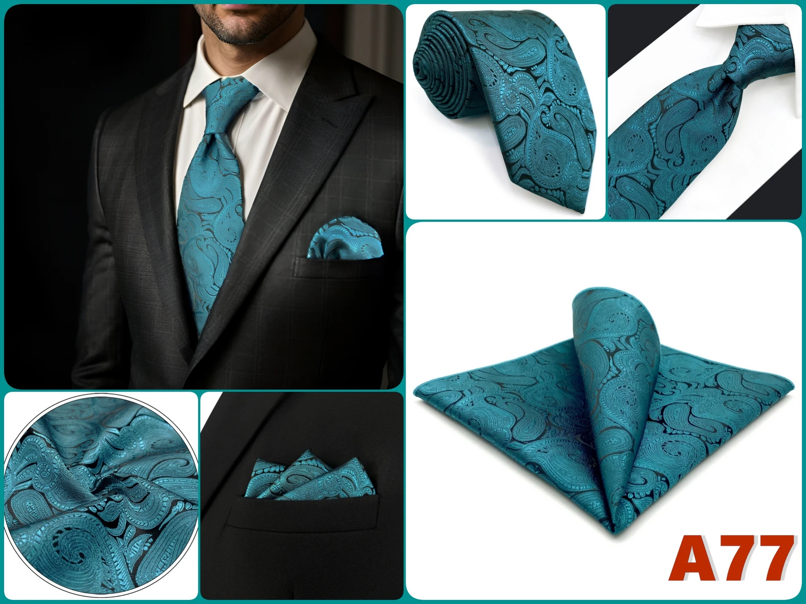 Mens Tie Pocket Square Set Blue Green Classic Business Acceossories Necktie Handkerchief 147cm Paisley Stripes Dots Elegant