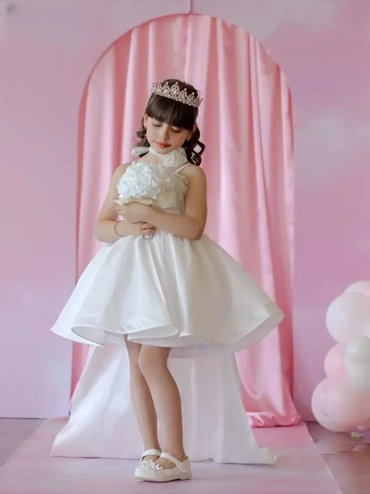 화이트 걸 플라워 드레스 스파게티 스트랩 새틴 공식 행사 드레스 3D 아플리케 생일 파티 소녀 미인 대회 드레스
