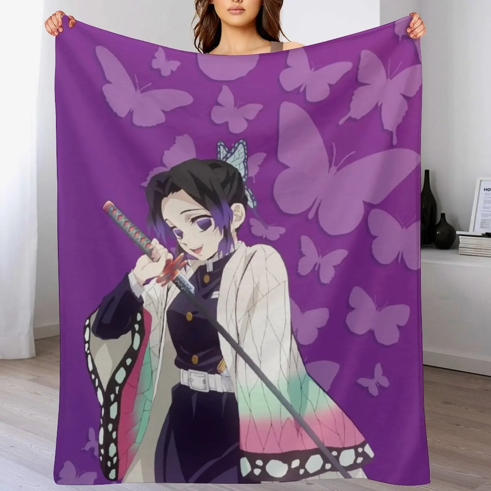 

Kochō Shinobu Throw Blanket Plaid on the sofa Furrys For Sofa Thin Plush Blankets