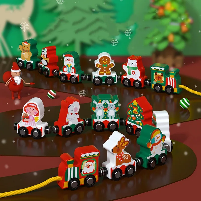 Brinquedo de trem magnético de madeira para crianças, educação infantil puzzle, decoração de natal, presentes infantis, brinquedos de carro, natal, ano novo