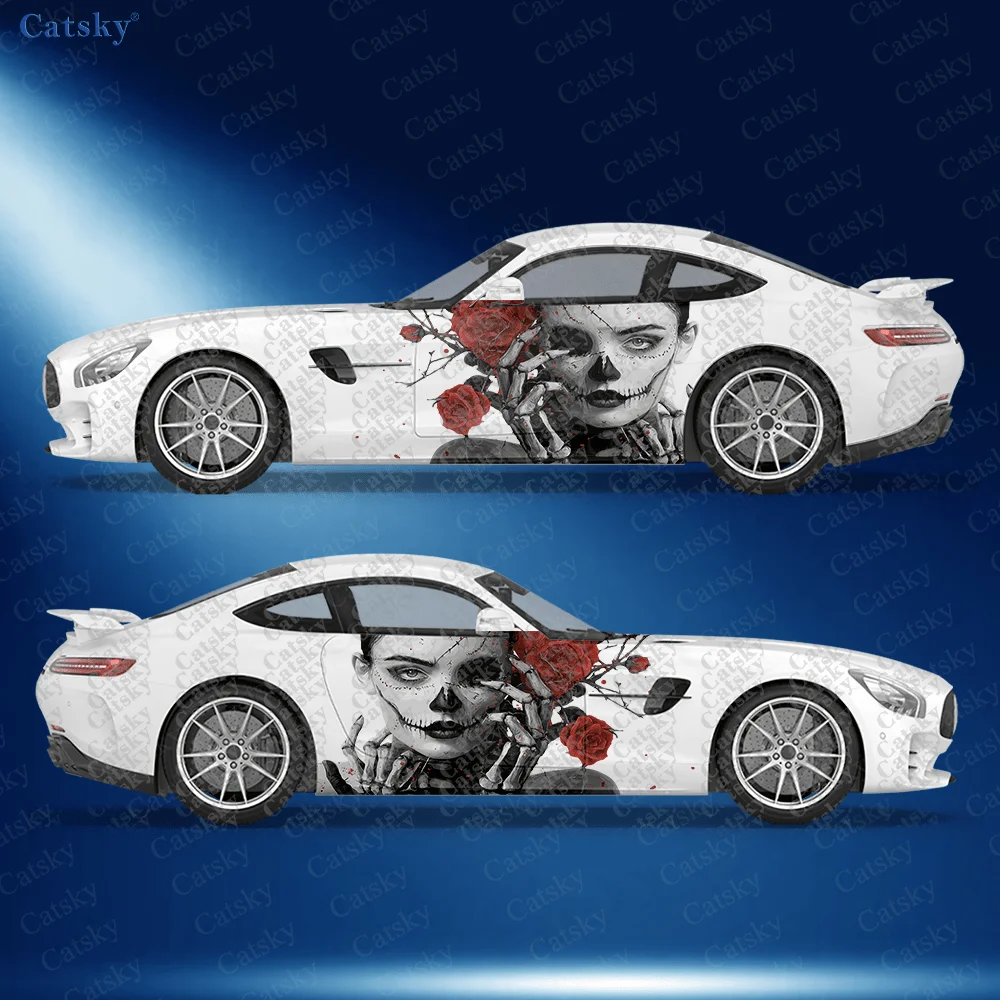 CATSKY.2 Stück. Auto-Seitenaufkleber mit halbem Totenkopf-Mädchen-Motiv |   Selbstklebende PVC-Aufkleber, Wasserdicht und Kratzfest, Modische Dekorationen