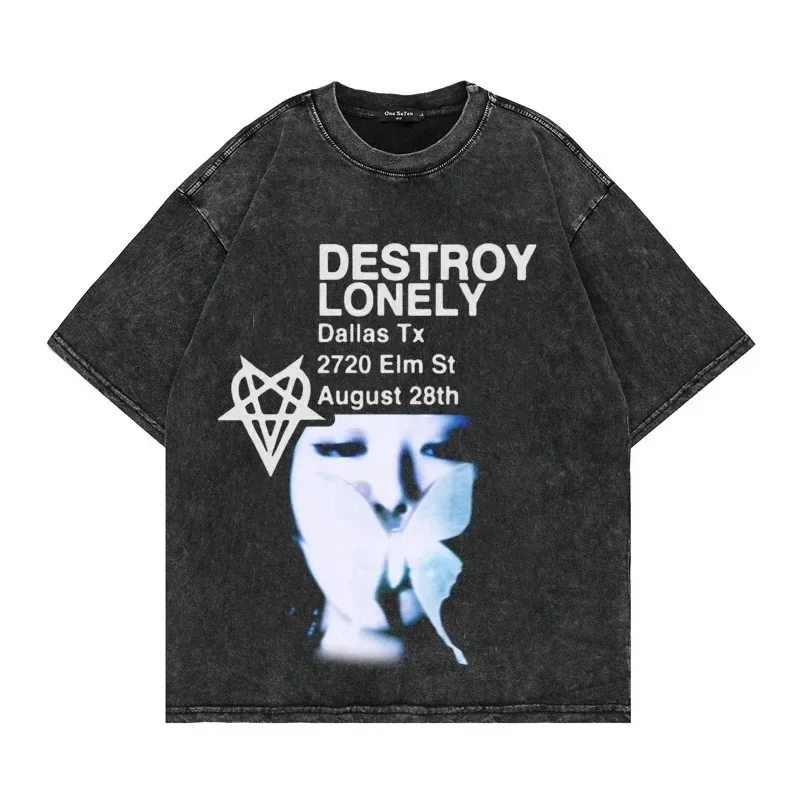 

2025 Vintage Printing T-shirt Short sleeve destroy lonely Y2k Streetwear Hip Hop Goth Grunge Krorean Fashion Kpop Men's clothing
