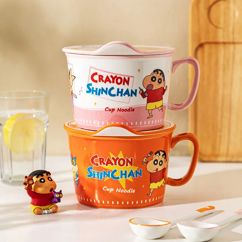 

Kawaii Crayon Shin-Chan Anime Hobby Cartoon Ceramic Instant Noodle Bowl with Lid and Handle Spoon Birthday Present