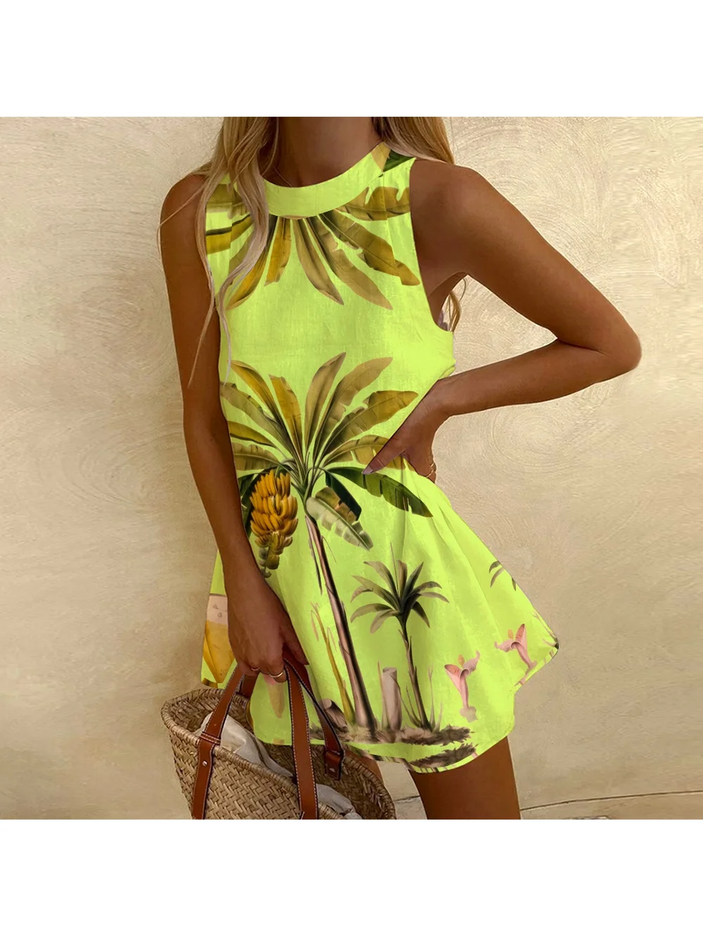 Trend Fluorescent Green Hot Dress Women's Casual Vacation Sleeveless A-Shaped Dress Hawaiian Coconut Print Crew Neck Party Dress