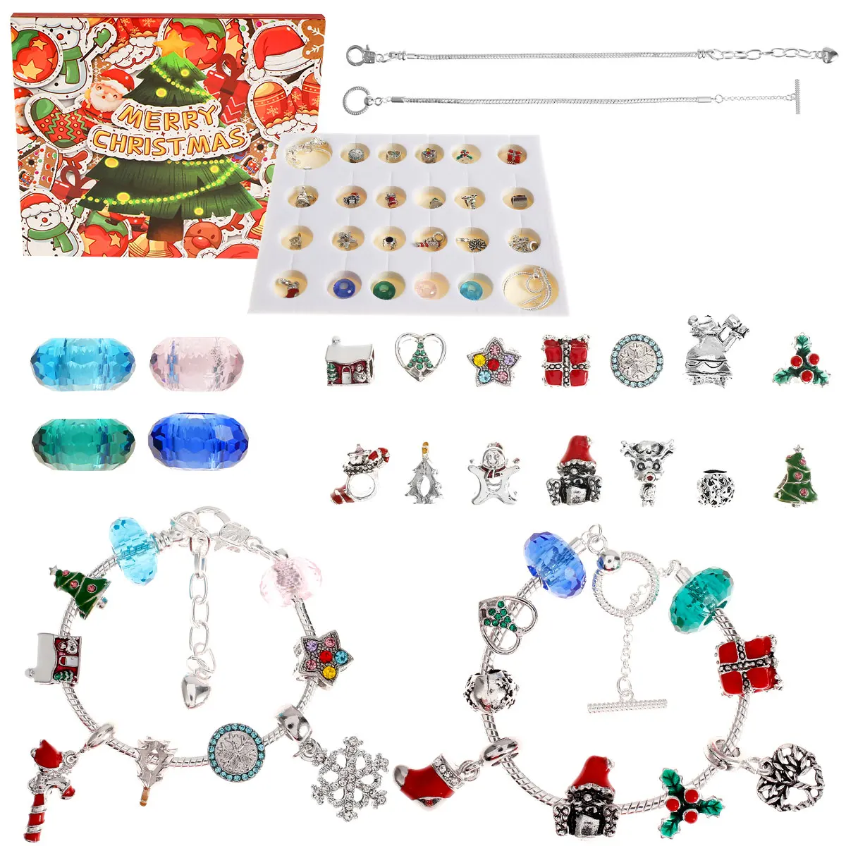 Christmas DIY Charm Bracelets Making Kit Christmas Jewelry Crafts Making Gift Box Includes 12 Metal Beads 2 Bracelets 4 Pendants