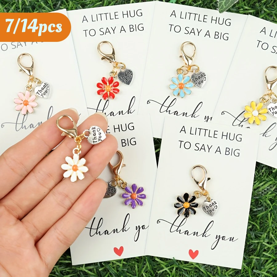 Conjunto de Chaveiros de Flor Margarida (7 ou 14 Peças) com Cartão de Agradecimento, Lembrança de Encorajamento para Decoração de Bolsas, Presente de Natal e Dia dos Namorados