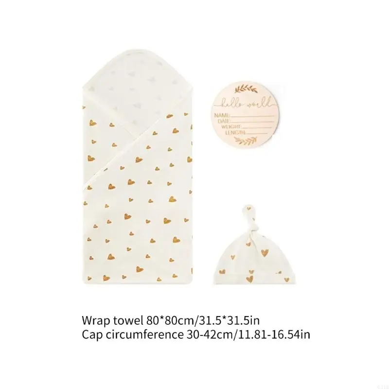 G2TE Kapas Bayi Baru Lahir membungkus selimut bayi bungkus bayi dengan topi & kartu kayu, kamar mandi hadiah napas bayi