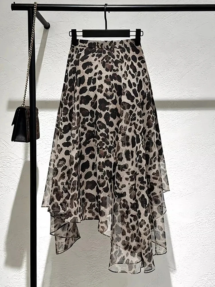 Y2K Leopard Chiffon Skirts Women Sexy Streetwear Vintage High Waist Long Skirt Summer Harajuku American Casual Irregular Skirt