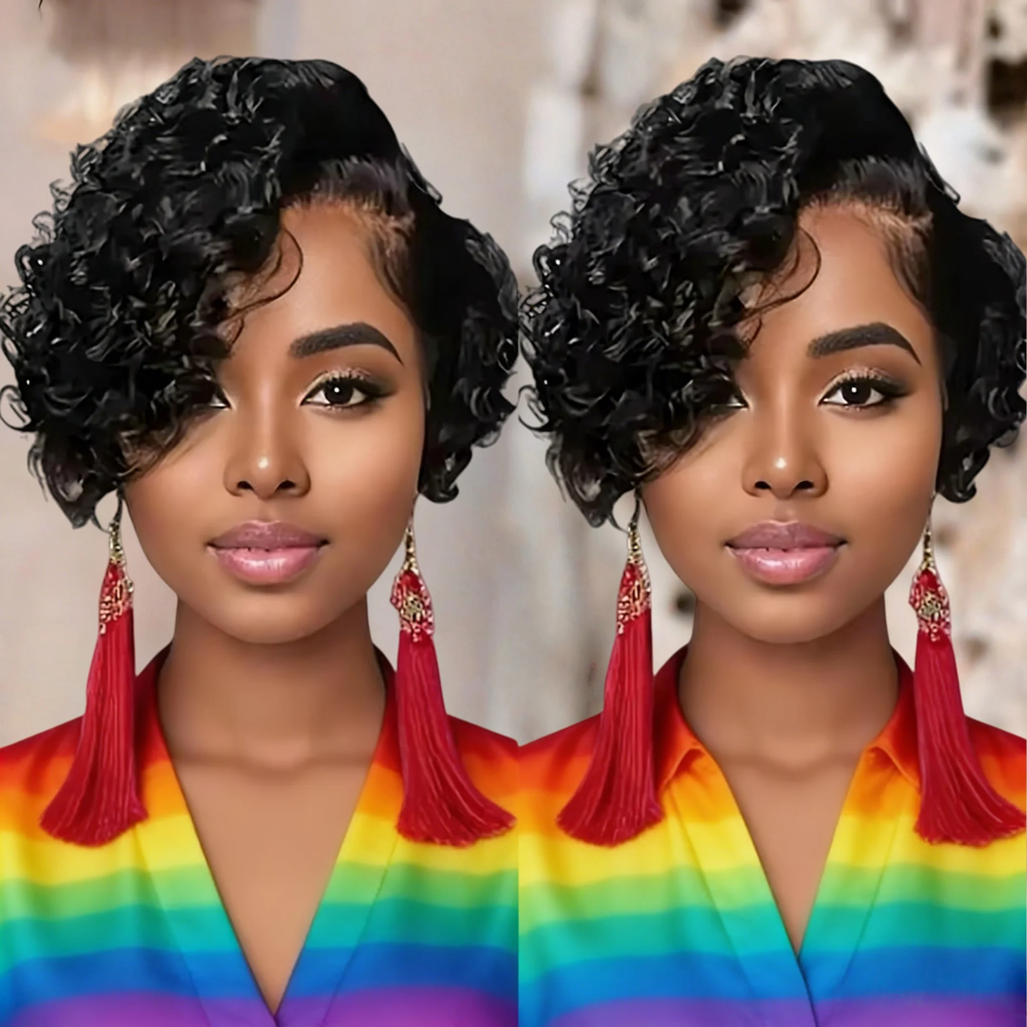 Black Curly Pixie C…