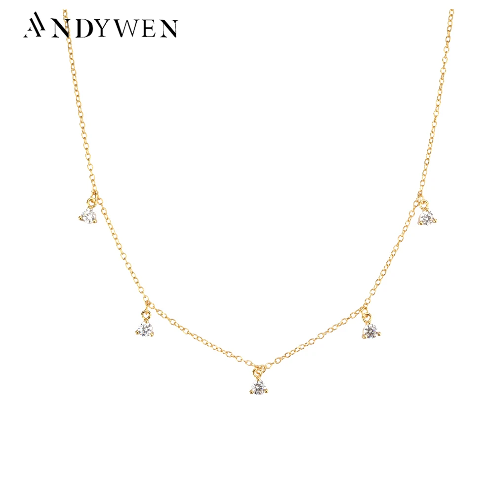 

ANDYWEN 925 Sterling Silver Clear Five Zircon CZ Charm Choker Chain Necklace For Women Wedding Luxury Crystal Jewelry Gift