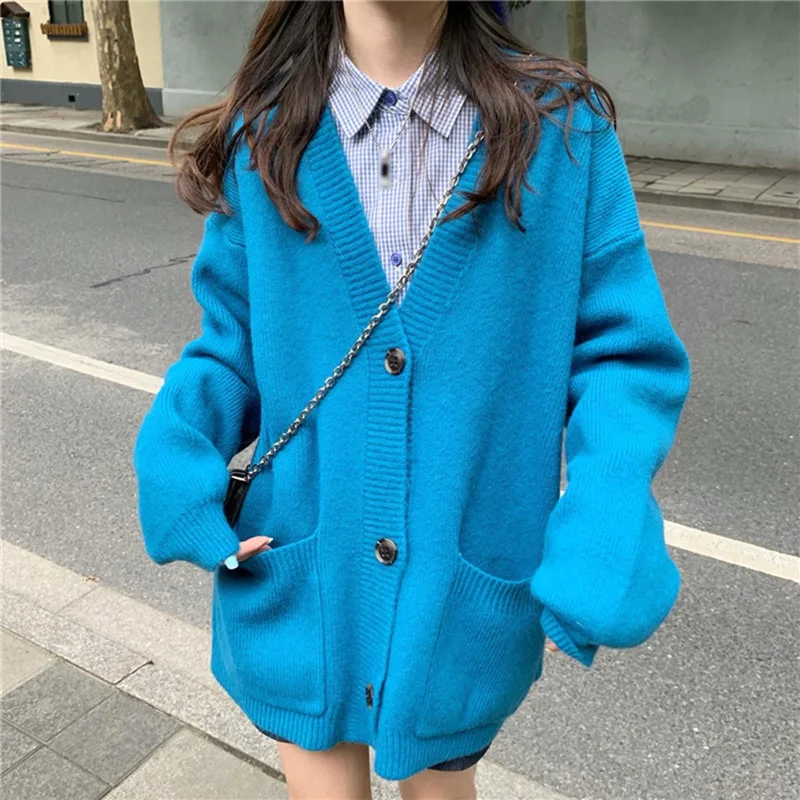 Green Women Sweater Mid-length Cardigan 2023 Autumn Winter Loose V-neck Knitted Cardigans Female Long Sleeve Sweaters Midi Coat