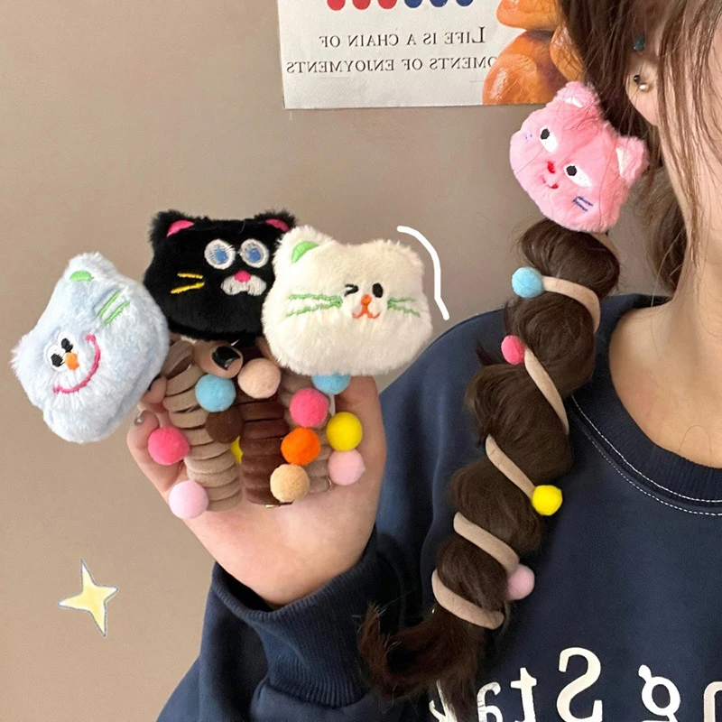 Nuevo lindo muñeco de peluche gatito espiral lazos para el cabello Cola de Caballo cuerda para trenzar el cabello alambre de teléfono creativo bandas elásticas para el cabello